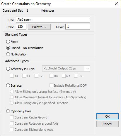7.4 Kényszer definiálása: alsó szem (3) megadjuk a kényszer nevét (opcionális): Title Alsó szem kiválasztjuk a megfelelő kényszer típusát: Standard Types Pinned - No Translation (radiális
