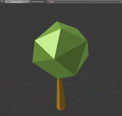 Dienes Nikolett, Gulácsi Ádám, Csernoch Mária 4. ábra: Egy low poly fa 3D modellje Blender-ben.