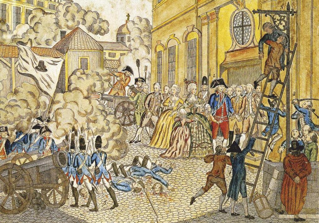 forradalom békeidőben A királyság megdöntése. A korabeli rajz 1792. augusztus 10. eseményeit foglalja össze.