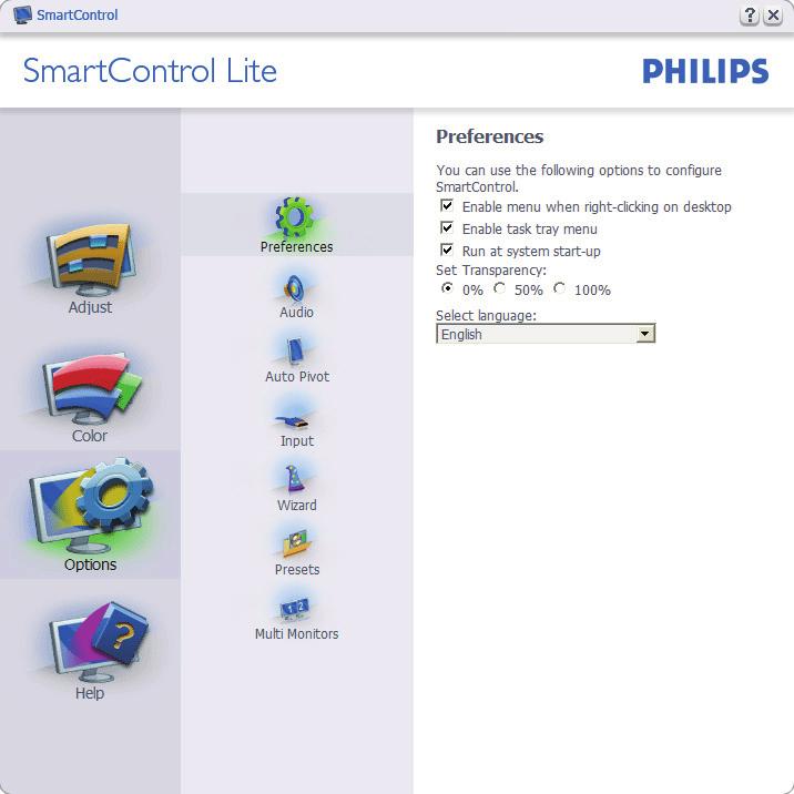 Első színkalibrációs képernyő: Options (Lehetőségek) > Preferences (Preferenciák) - Csak akkor aktív, ha kiválasztja a Preferences (Preferenciák) elemet az Options (Lehetőségek) legördülő menüben.