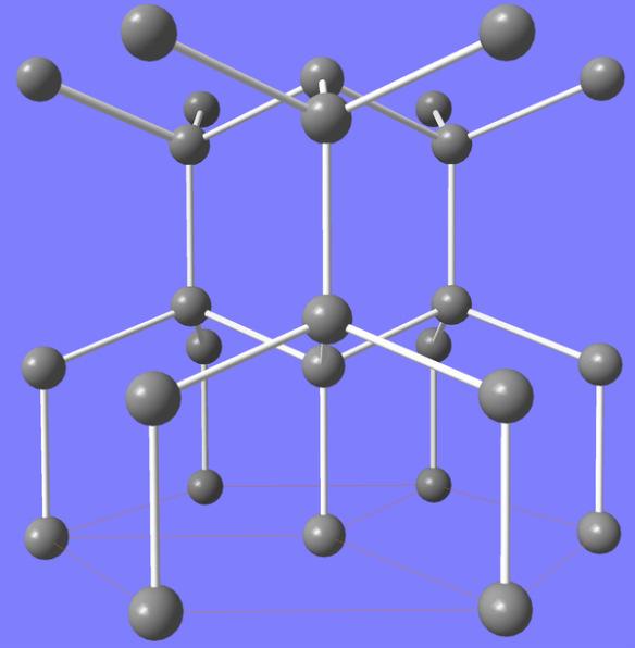 21 eltérő. A kétféle kapcsolódási mód a 19. ábrán látható. (Az ábra eredetileg a ZnS-re készült, ezért van két különböző - fekete és fehér - tömegpont benne. 19. ábra. A szén tetraéderek kapcsolódása a gyémántban (A) és a hexagonális gyémántban, vagy lonsdaleitben (B) A 19/a.