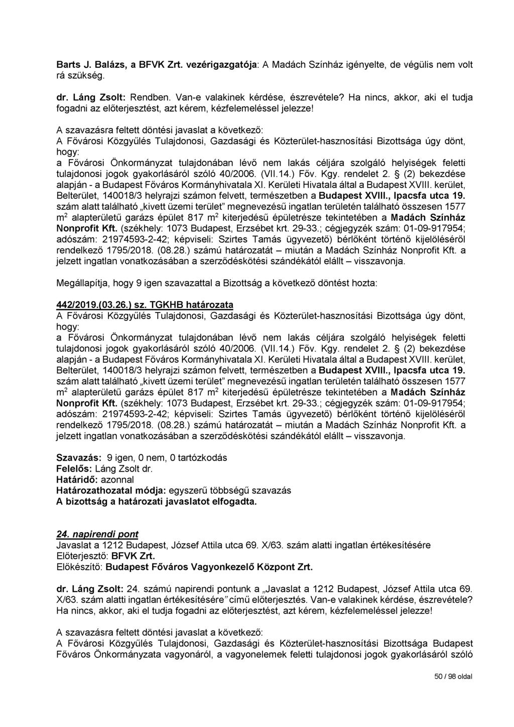 Barts J. Balázs, a BFVK Zrt. vezérigazgatója: A Madách Színház igényelte, de végülis nem volt rá szükség. dr. Láng Zsolt: Rendben. Van-e valakinek kérdése, észrevétele?
