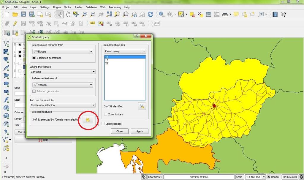 6.57. ábra: Térbeli lekérdezés eredménye A 6.29. ábráról megállapíthatjuk, hogy a magyarországi vasutak rétegében Horvátországban és Szlovákiában van önálló szakasz Magyarországon kívül.