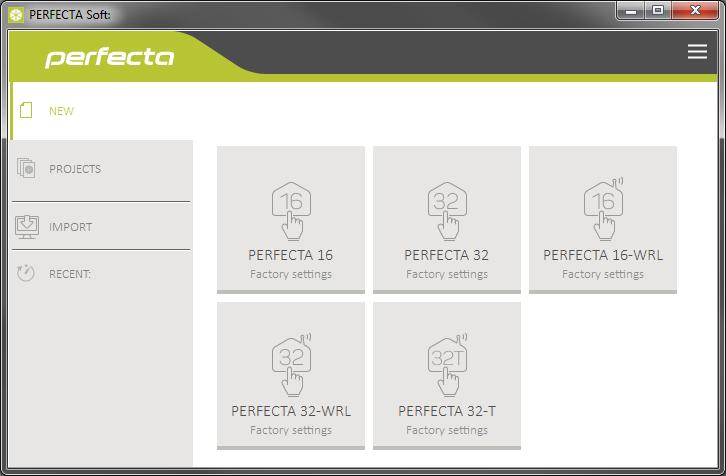 8 PERFECTA SATEL 1. Ábra PERFECTA SOFT ablaka a program első futtatásakor. 3.1.1 PERFECTA SOFT program menüsáv A menüsáv a program ablakának tetején található.