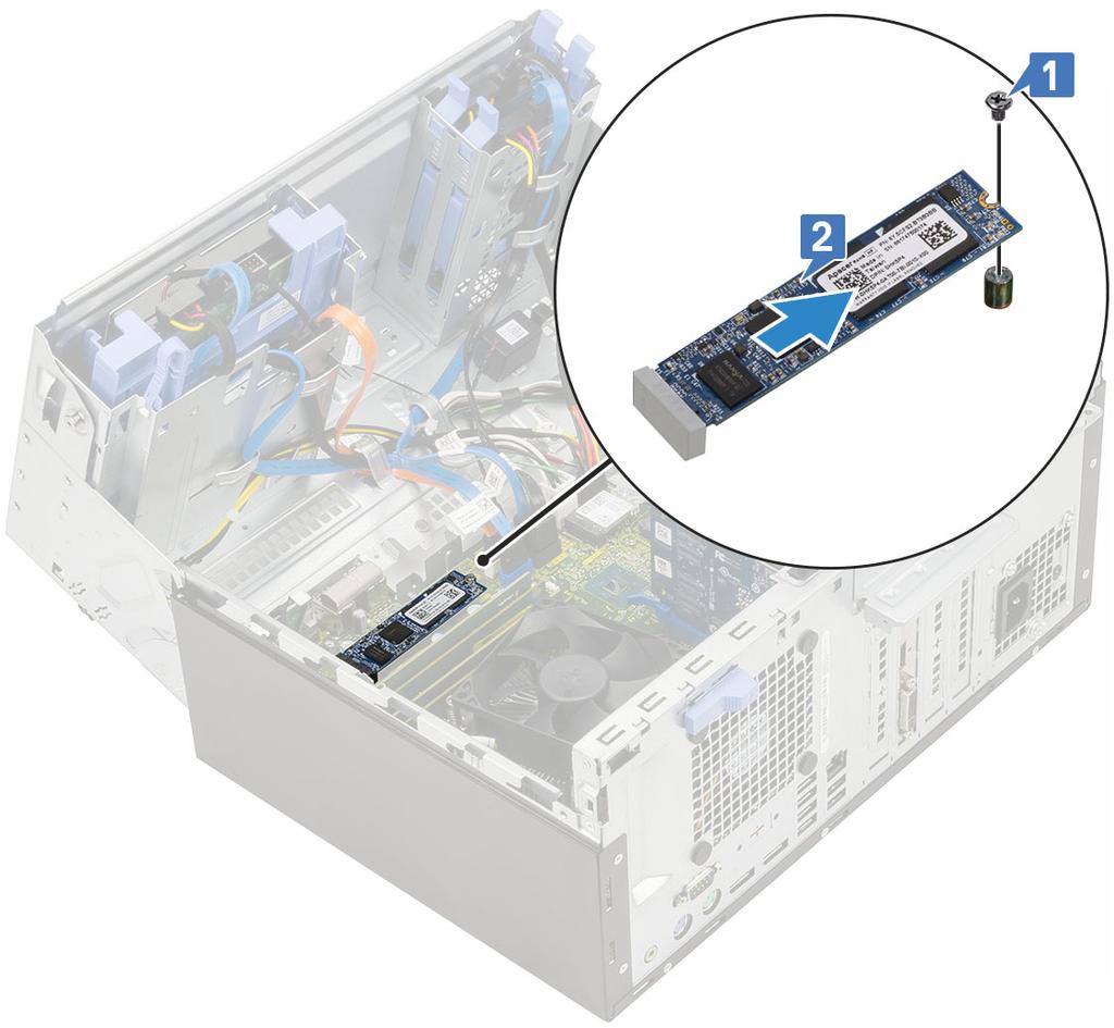 Az opcionális M.2 PCIe SSD beszerelése 1 Csúsztassa ki az M.2 PCIe SSD-t az alaplapon található csatlakozóból [1].