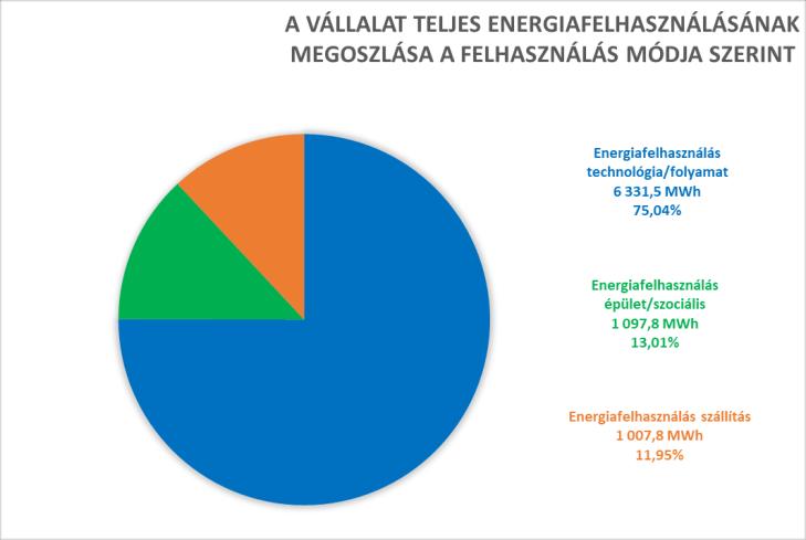 Az energia megoszlásokat tovább vizsgálva: - a vállalat teljes energiafelhasználását vizsgálva, a technológia/folyamatok energiafelhasználása 75,04 %-ot, az épület/szociális energiafelhasználás 13,01