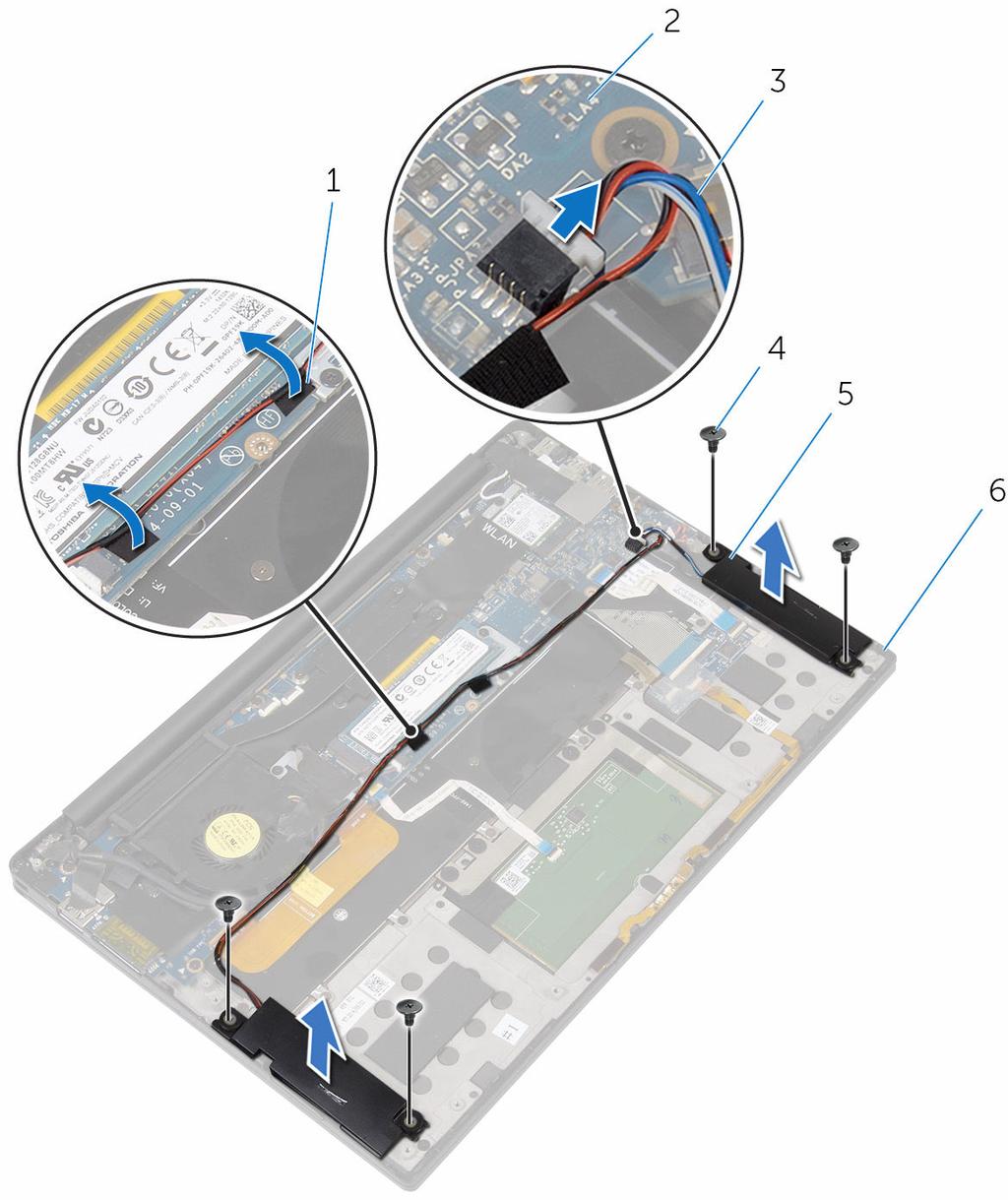 4 Lift the speakers, along with its cables, off the palm-rest assembly.