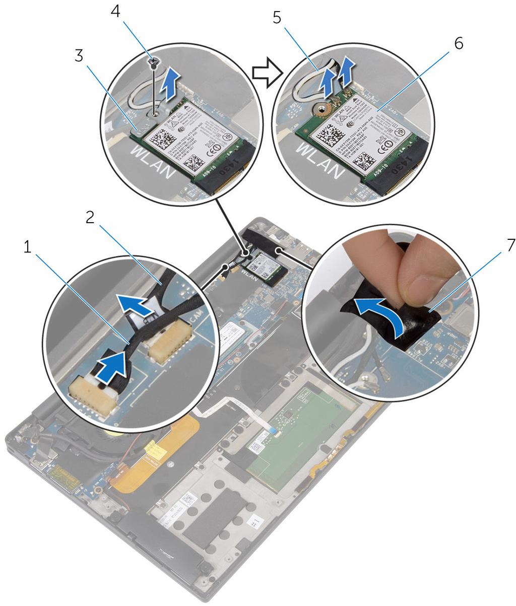 5 Disconnect the antenna cables from the wireless card.