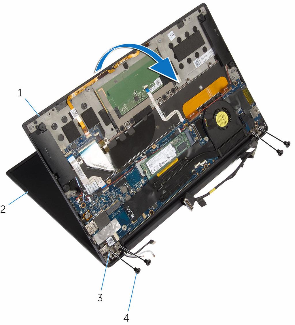 14 Open the palm-rest assembly at an angle, and then remove the screws that secure the display hinges to