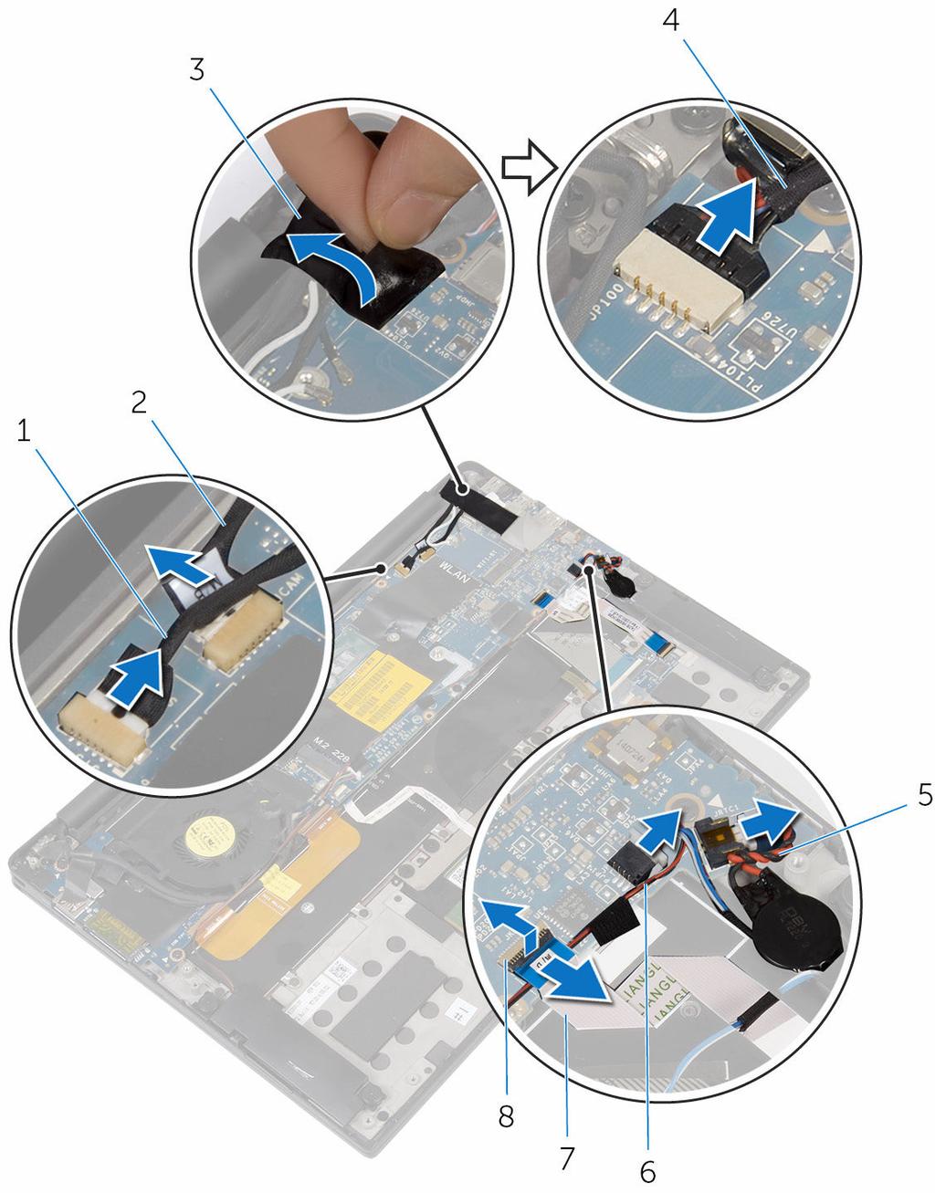 3 Open the latch and disconnect the keyboard-controls board cable from the system board.