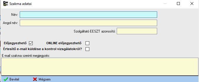 Szakmák adatai A klinikában használt szakmákat karbantartó funkció.