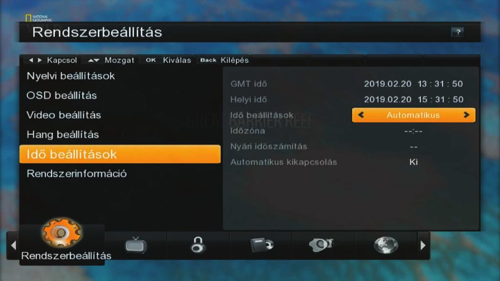 Menürendszer > Rendszer beállítások Idő beállítás A vevőkészülék által kijelzett idő beállítása.