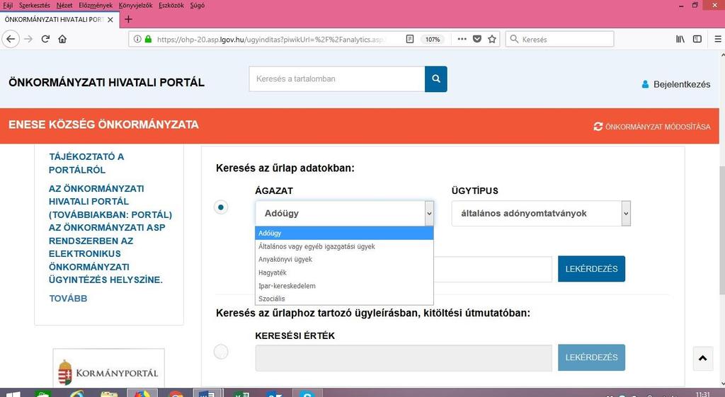 A lekérdezés gombra kattintva lent megjelennek az adott ügytípushoz tartozó, elektronikus űrlap
