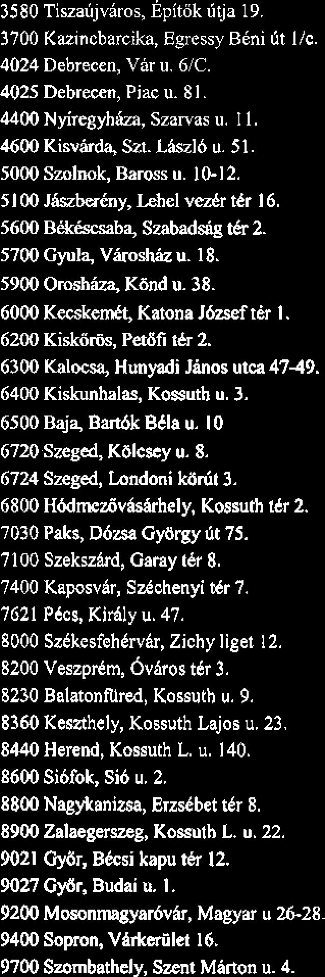 I 134 Budapest, JXvai utca 23. 1 138 Budapest, Vici 6t 178-182. 1 139 Budapest, Vhci 6t 85. 1143 Budapest, Hunghrin krt. 130. 1 173 Budapest, Pesti 6t 237, 1211 Budapest, 11. Rikbczi F. 6t 154-170.