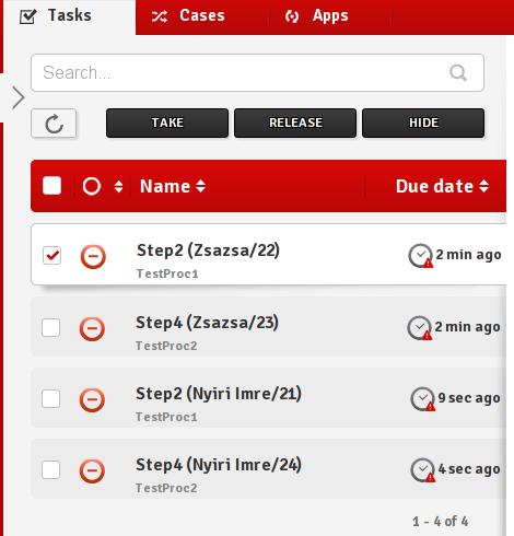 Az események használata a BPMN modellekben A 6.13. ábra a 22. folyamat Step5 taszkjának elvégzése utáni állapotot rögzíti, azaz a 23. folyamat azonosítójú TestProc2 folyamat Step4 lépéséhez kerültünk.