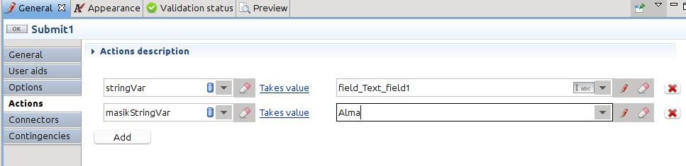 A Form designer használata Submit Button Widget A Submit gomb alapvet feladata, hogy egy szerver oldali Action-t váltson ki, aminek 2 hatása lesz.