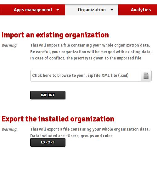 A Bonita 6. portál áttekintése ˆ OrganizationPublish...: A stúdió beépített Bonita user adatbázisba telepíti a Manage... menüpontnál kialakított struktúrát. ˆ OrganizationExport.
