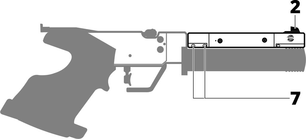 CSATLAKOZTATÁS PISZTOLYKERETHEZ Csatlakoztassa a lézerpisztoly lézer-dob; pl. a PENTASHOT FLP12 kerethez, és rögzítse azt a két rögzítőcsavarral (7). Az irányzékok (2) nézzenek felfele.