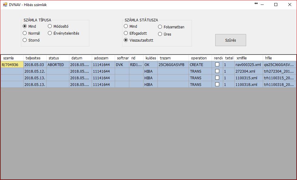 Hibás számlák A feladások során keletkezett hibás számlák itt ellenőrizhetőek le. A DVNAV minden hibás számláról naponta egy e-mailt küld.