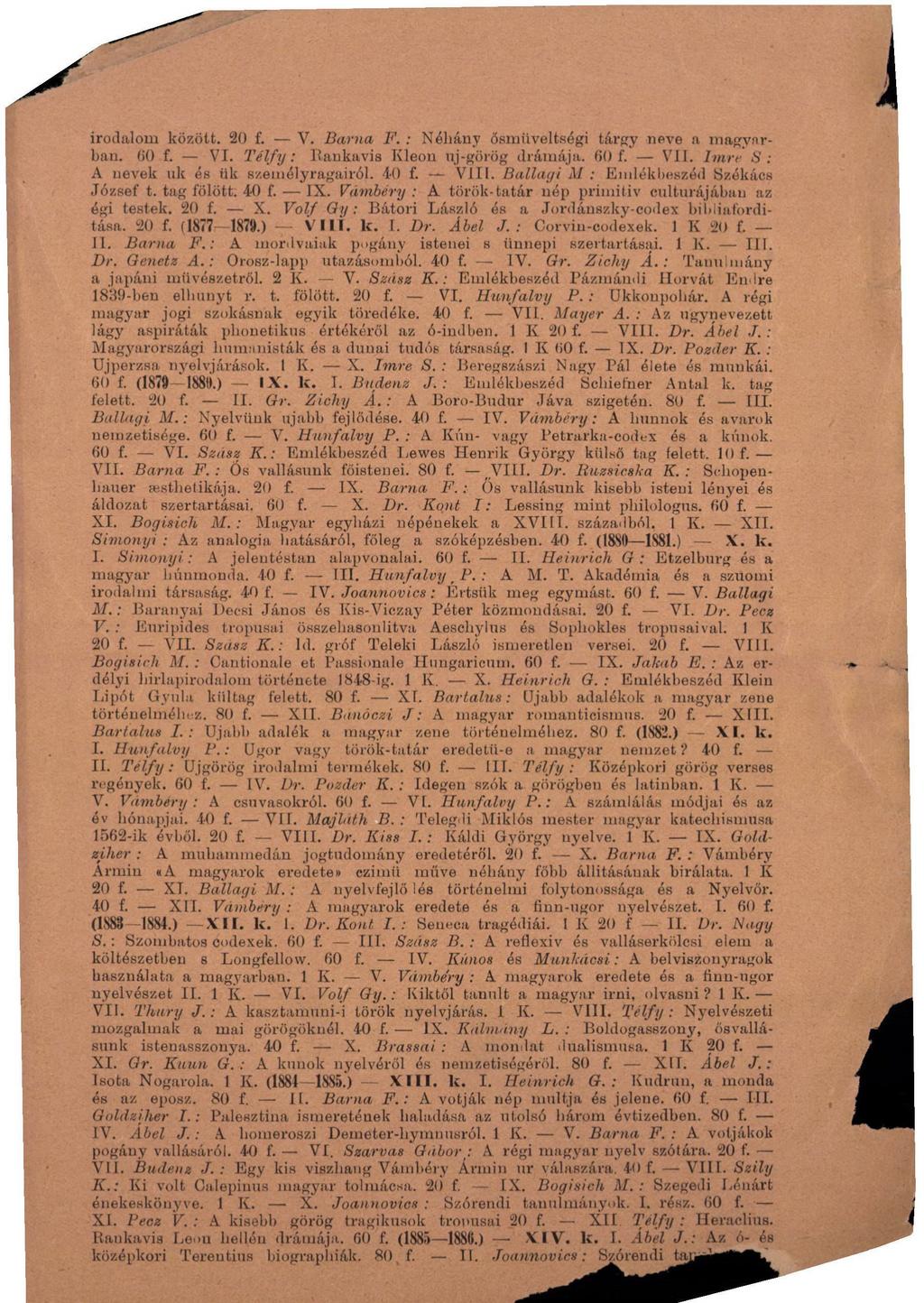 irodalom között. 20 f. V. Barna F. : Néhány ősmiiveltségi tárgy neve a magyarban. 60 f. VI. Télfy: liankavis Kleón uj-görög drámája. 60 f. VII. Imre 3: A nevek uk és ük s/.emólyragairól. 40 f. VIII.