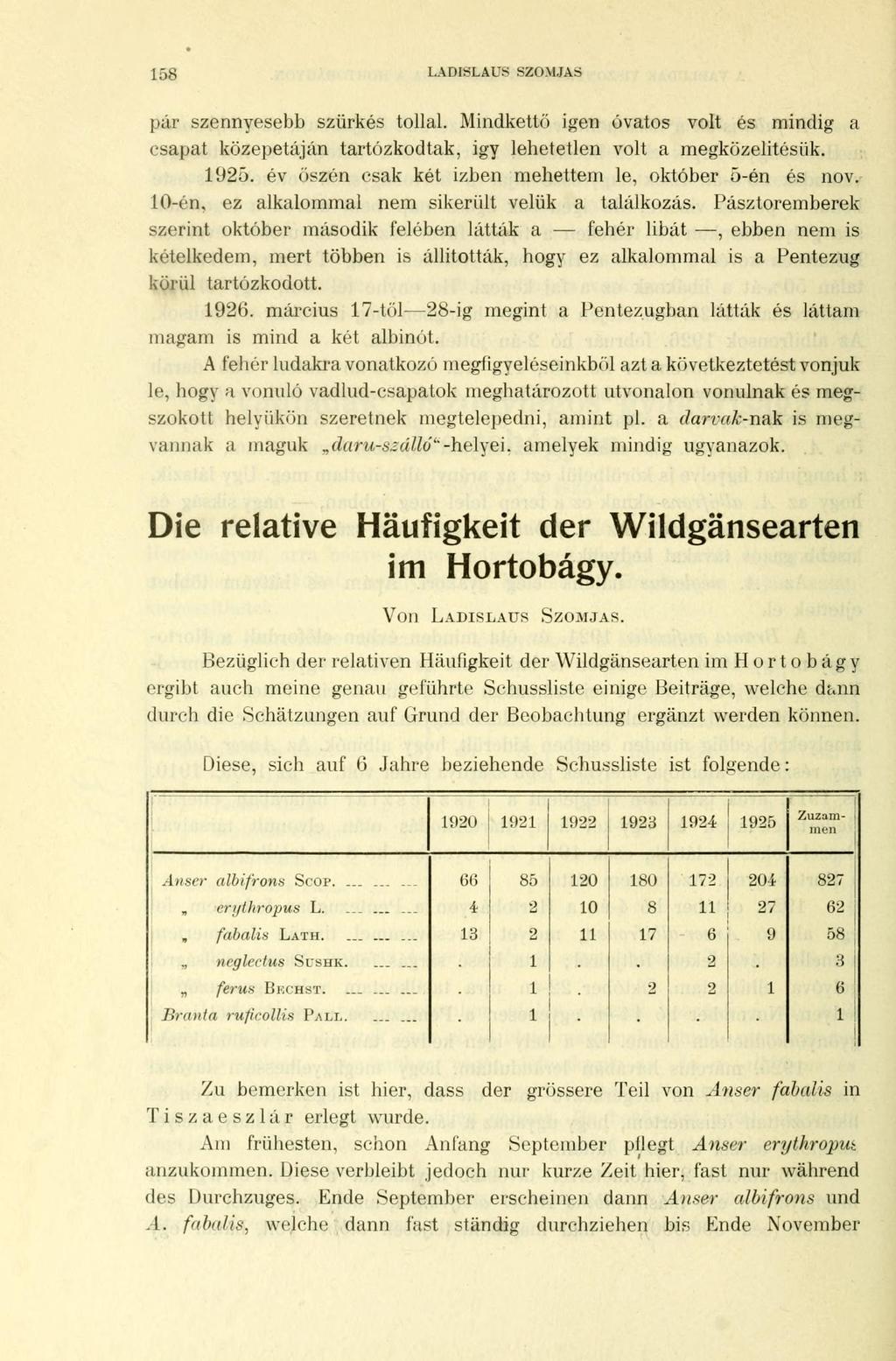 158 LADISLAUS SZOMJAS pár szennyesebb szürkés tollal. Mindkettő igen óvatos volt és mindig a csapat közepetáján tartózkodtak, igy lehetetlen volt a megközelítésük. 1925.