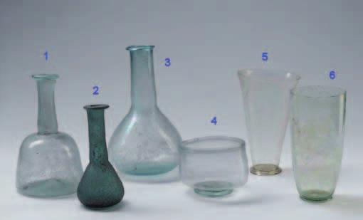 1. kép. Római kori üvegedények Scarbantiából a Kr. u. 1 3. századból. 1. 1. színtelenített palack, 1.2 üvegzöld illatszeres flaska, 1.3. színtelenített palack, 1.4-1.6.