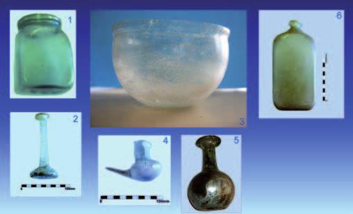 4. kép. Római kori üvegedények Scarbantiából. 4.1. hasábos testű edény, 4.2. illatszeres üvegcse, 4.3. színtelenített késő római üvegpohár, 4.4. csepegtető edény, 4.5.
