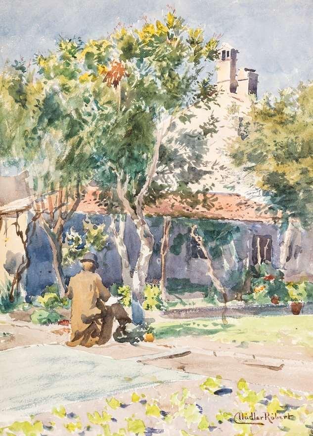 98. Nádler Róbert (Pest, 1858 Budapest, 1938) Festő a szabadban Akvarell,