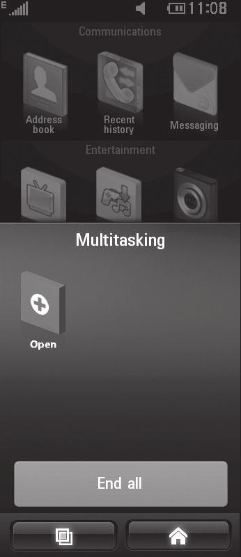 Korišćenje funkcije multitaskinga Dodirnite taster za multitasking da biste otvorili meni Multitasking. Tu možete da pregledate neke pokrenute aplikacije i da im pristupite jednim dodirom.