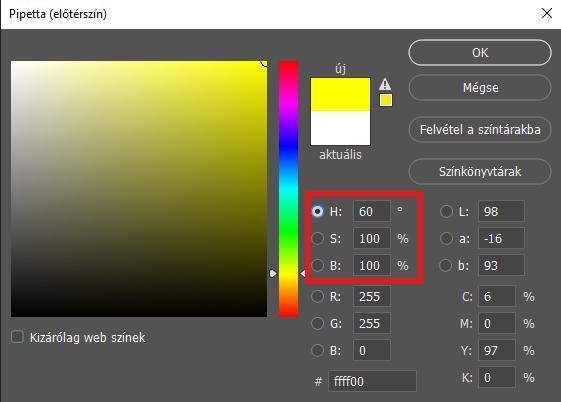 HSB A HSB színmód azt jelenti, hogy a képpontot a Hue, Saturation, Brightness (színezet, telítettség, világosság) paraméterekkel jellemezzük.