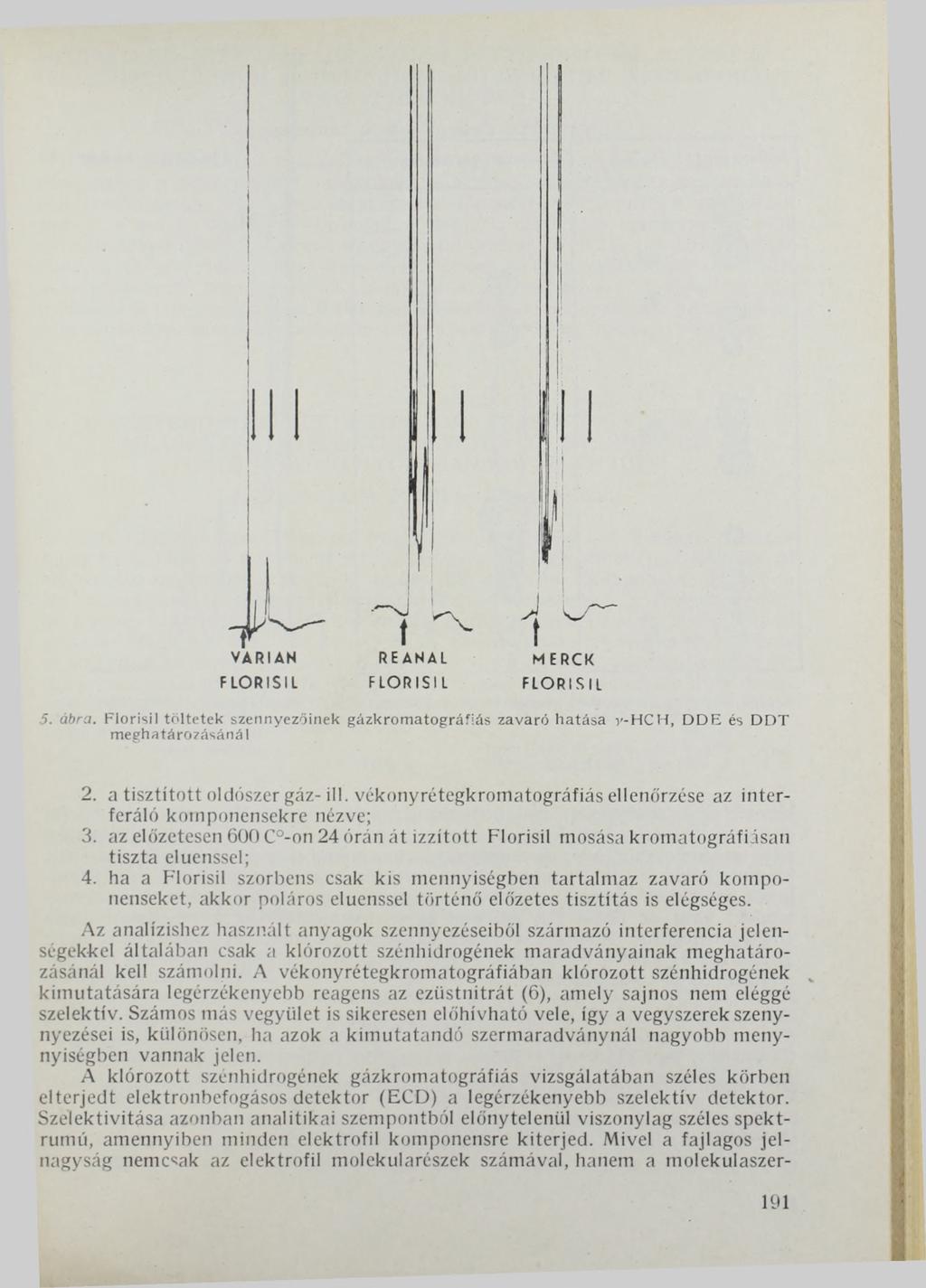 VARIAN REANAL MERCK FLORISIL F LOR IS I L FLORISIl 5. ábra. F lo risil tö lte te k szennyezőinek gázkrom atográfiás zavaró hatása y-h C H, D D E és D D T meghatározásáná I 2.