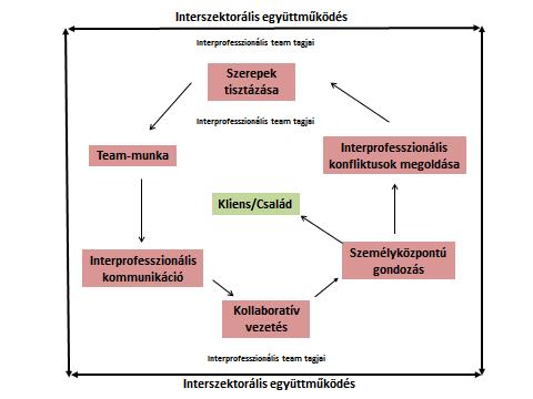 Az interszektorális és interprofesszionális együttműködés legfontosabb elemeit mutatja be az alábbi ábra, elsődlegesen a személyközpontú gondozás megvalósítása szempontjából.