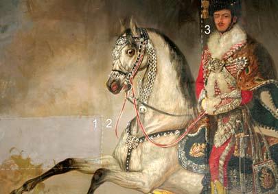 A papír hordozó hátára ragasztva, támasztékként vékony vászon került, melyet húzószéleinél egy sarkainál összeépített vakkeretre ragasztottak.