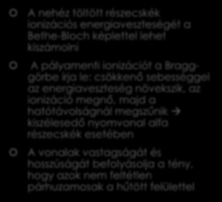 Különböző sugárzások detektálása A nehéz töltött részecskék ionizációs energiaveszteségét a Bethe-Bloch képlettel lehet kiszámolni A pályamenti ionizációt a Bragggörbe írja le: csökkenő sebességgel