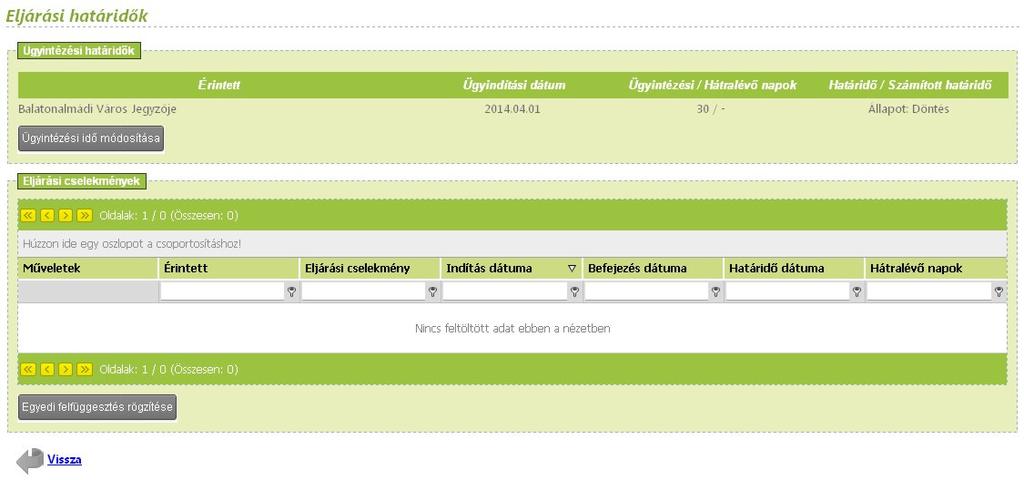 Két dobozt található itt: a) az ÜGYINTÉZÉSI HATÁRIDŐK doboz az érintett hatóság ügyintézésre vonatkozó ügyintézési határidejét mutatja, számolja, b) az ELJÁRÁSI CSELEKMÉNYEK doboz az elindított,