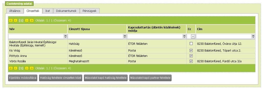 A címzett lista szerkesztésekor az érintettek közül a hatóságokat, kérelmező(ke)t és a meghatalmazotta(ka)t másolatot