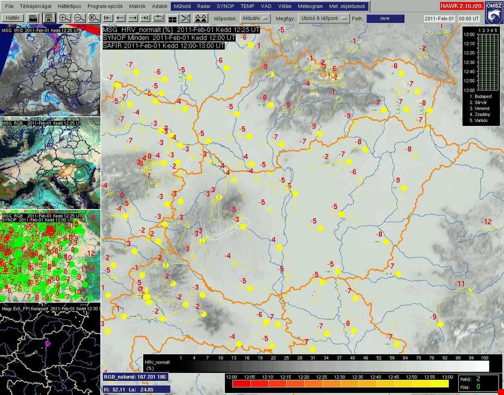 19. ábra: 2011. február 1. 12 UTC-s METEOSAT műholdképek, illetve a 2 m-es hőmérséklet a SYNOP állomásokon.