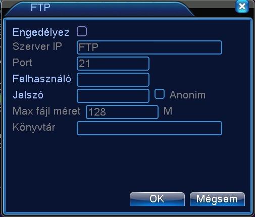 39. ábra FTP beállítás [Enable] Az engedélyezéshez jelöljük be a négyzetet [Server IP] Az FTP szerver címe [Port] Az FTP szerver portja amin fogadja a kéréseket [User Name] Felhasználóí név