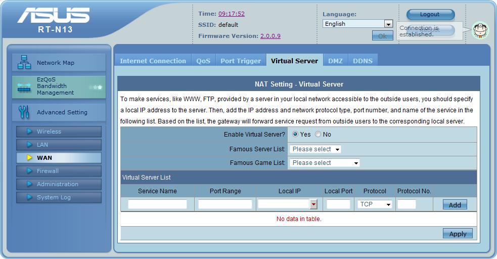 Reboot gombra. Asus Virtual Server 68.