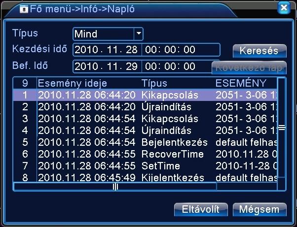 Napló információ tartalmazza: operációs rendszer, konfiguráció, adat, riasztókapcsolat,rögzítés, felhasználói menü, fájl management és stb. 91.