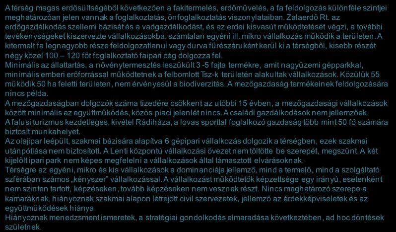 Forrás: HVS kistérségi HVI, helyi érintettek, KSH, HVS adatbázis 24 A térség helyzete a vállalkozások szempontjából 1/2 A térség magas erdősültségéből következően a fakitermelés, erdőművelés, a fa