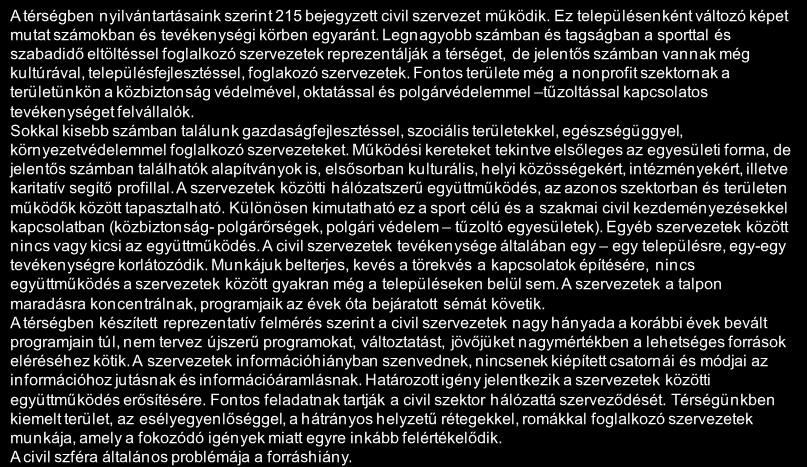 Forrás: HVS kistérségi HVI, helyi érintettek, KSH, HVS adatbázis 27 A térség jelentősebb non-profit szervezeteinek jellemzése 1/2 A térségben nyilvántartásaink szerint 215 bejegyzett civil szervezet