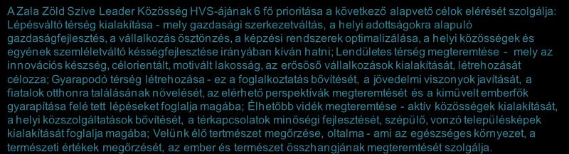 Forrás: HVS kistérségi HVI, helyi érintettek, KSH, HVS adatbázis 6 Zala Zöld Szíve A stratégia alapvető célja A Zala Zöld Szíve Leader Közösség HVS-ájának 6 fő prioritása a következő alapvető célok