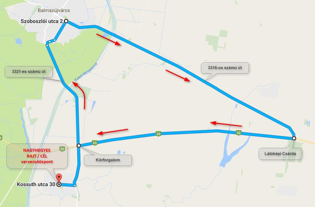 Rajt -> Nagyhegyes Kossuth utca a 3321-es útkereszteződésig (0,7 km) -> 3321-es út - > 33-as út körforgalom (2 km) -> Körpálya (30,8 km): 33-as út körforgalom 3321-es számú út Balmazújváros 3316-os