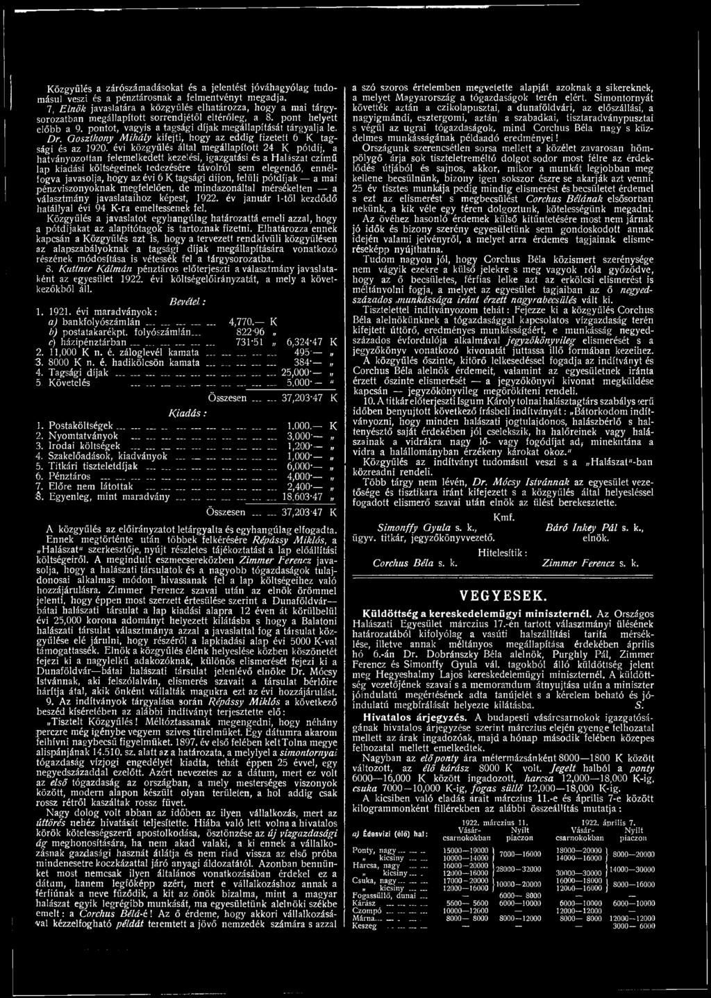 hogy az évi 6 K tagsági díjon, felüli pótdíjak a mai pénzviszonyoknak megfelelően, de mindazonáltal mérsékelten a választmány javaslataihoz képest, 1922.
