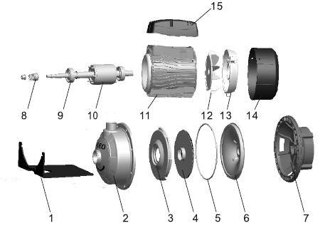 6. TERMÉKFELÉPÍTÉS 1. Talp 9. Csapágy 2. Szivattyúház 10. Forgórész 3. Diffuzor 11. Állórész (motortekercs) 4.