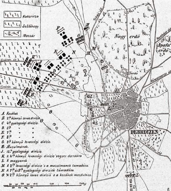 1. ábra: A debreceni ütközet egykorú orosz térképének magyar nyelvű változata.