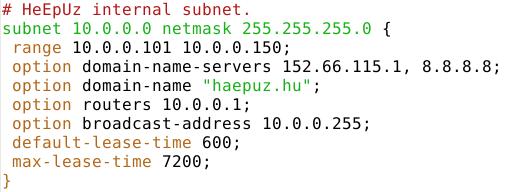 Konfiguráljunk dhcp szervert! 1. lépés beállítjuk az interfészeket, ahol DHCP kéréseket kezelünk /etc/default/isc-dhcp-server fájlban: 2.