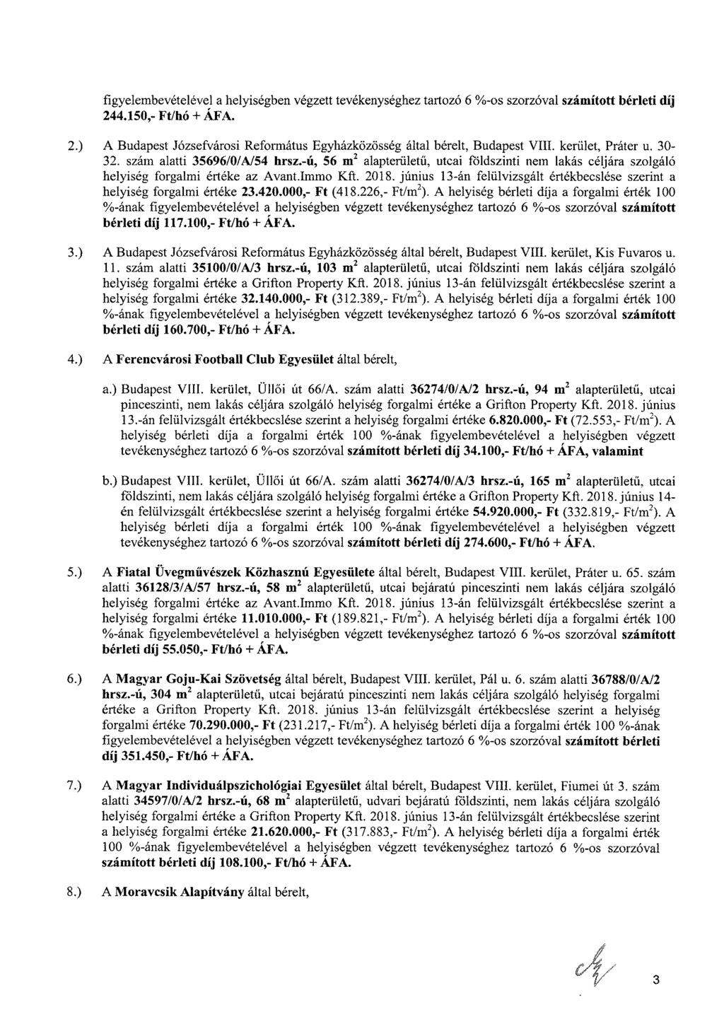 figyelembevételével a helyiségben végzett tevékenységhez tartozó 6 %-os szorzóval számított bérleti díj 244.150,- Ft/hó + ÁFA. 2.) A Budapest Józsefvárosi Református Egyházközösség által bérelt, Budapest VIII.