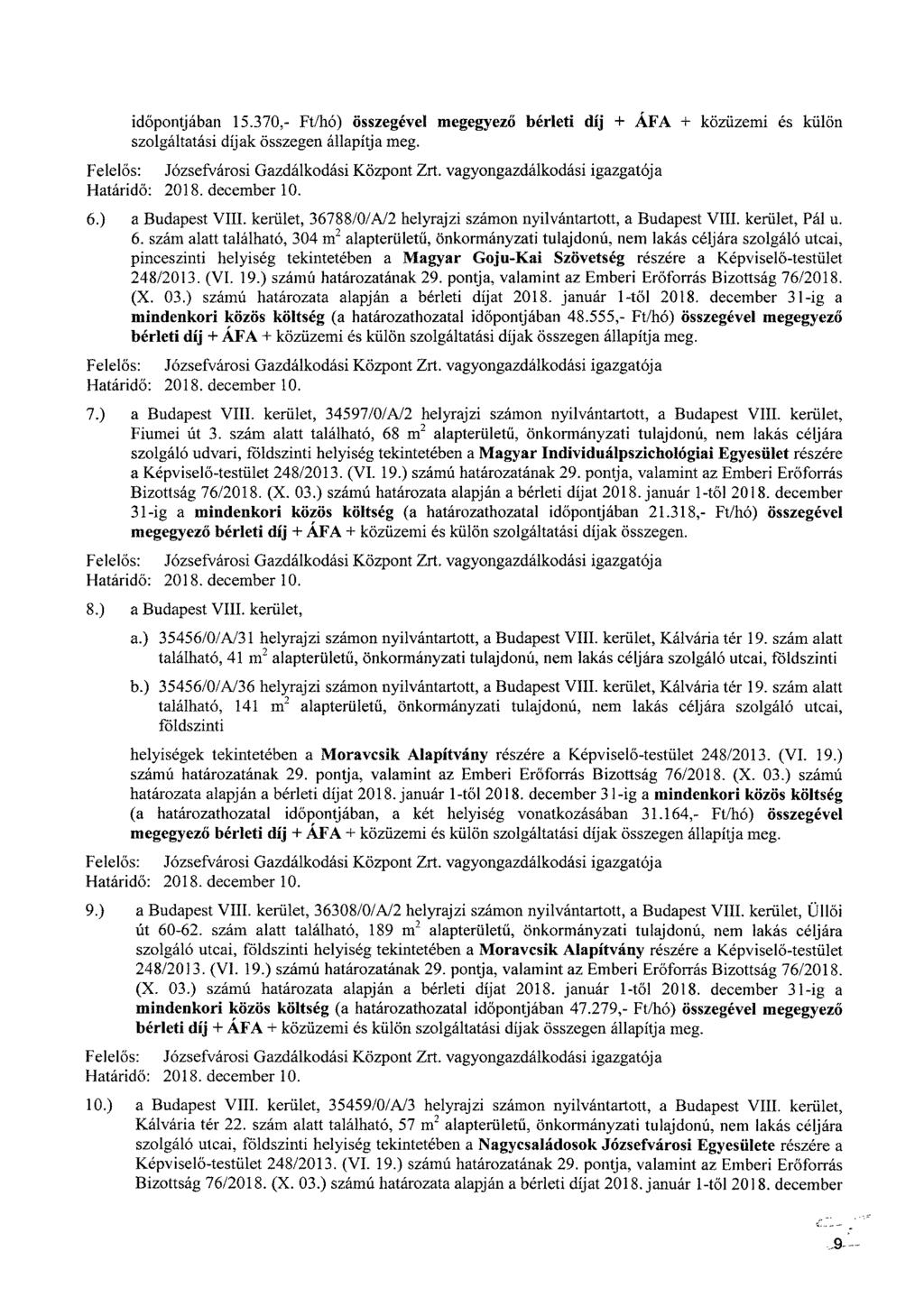 időpontjában 15.370,- Ft/hó) összegével megegyező bérleti díj + ÁFA + közüzemi és külön szolgáltatási díjak összegen állapítja meg. 6.) a Budapest VIII.